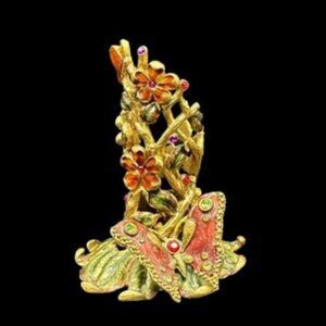Vintage Kirks Folly Gold Metal Cloisonne Jeweled Butterfly Fantasy Candle Holder